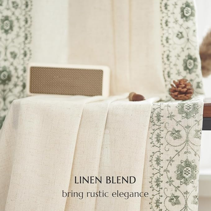 jinchan Floral Linen Curtains Embroidered Back Tab 50x72in 2 Panels Sage | - Image 9