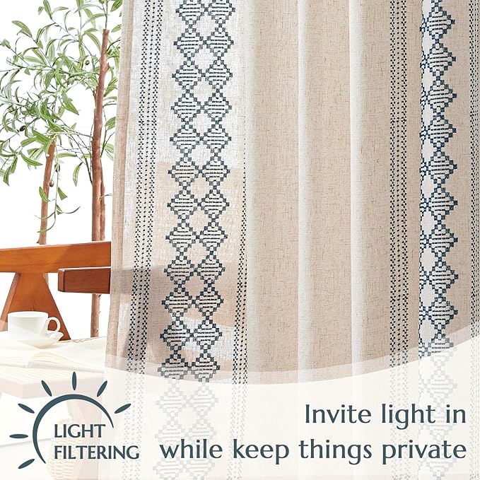 jinchan Floral Linen Curtains Embroidered Back Tab 50x96in 2 Panels Blue | - Image 4