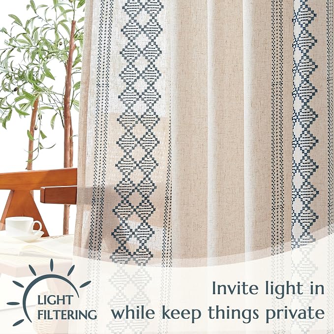 jinchan Floral Linen Curtains Embroidered Back Tab 50x63in 2 Panels Blue | - Image 4