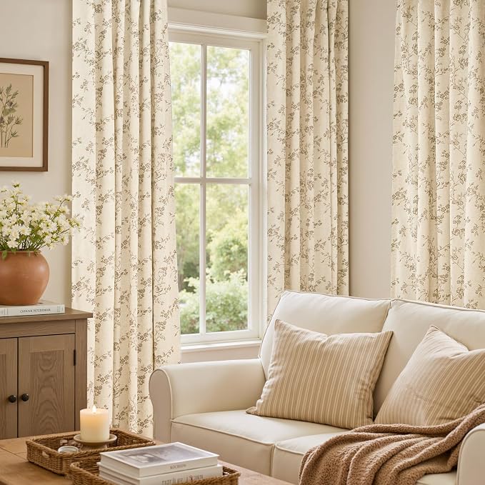 Extra Long Floral Linen Curtains Taupe on Beige 50×108 2 Panels | Elisa Series - Image 5