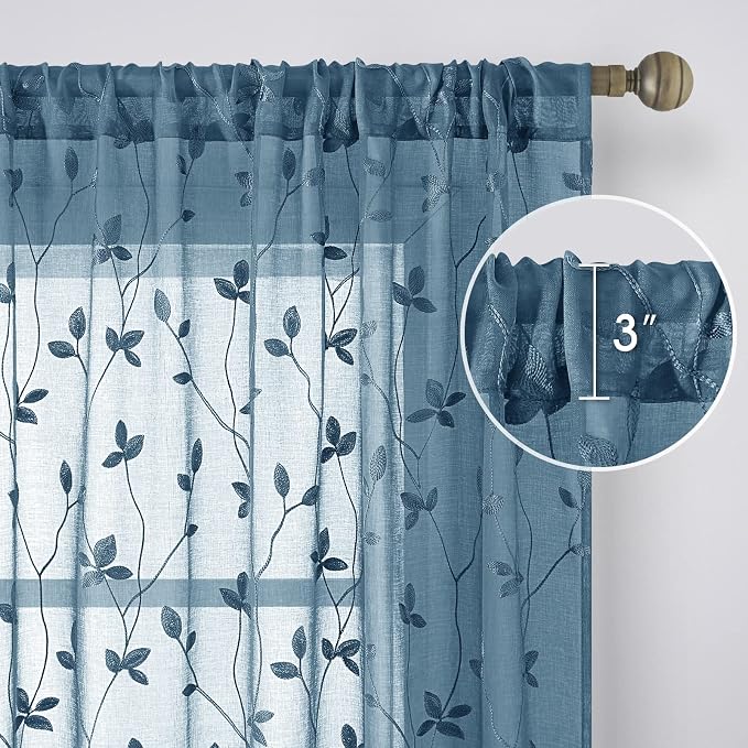 HOMEIDEAS Cyan Blue Sheer Curtains 2 Panels, Embroidered Vine Leaf, W52xL63 | - Image 5