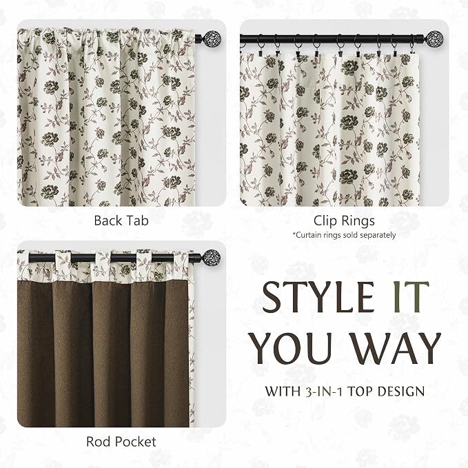 Beauoop Floral 100% Blackout Curtains Bedroom Green Brown 52x96 2 Panels | Rose - Image 9