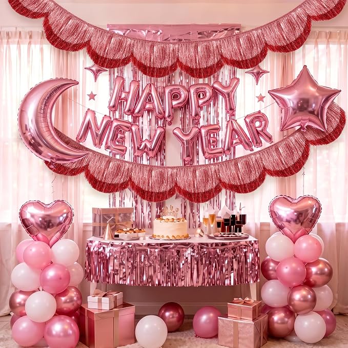 2pcs 6.6ft Flash Pink Fringe Garland Scalloped Tassel Banner 8 Waves Sparkle - Image 4