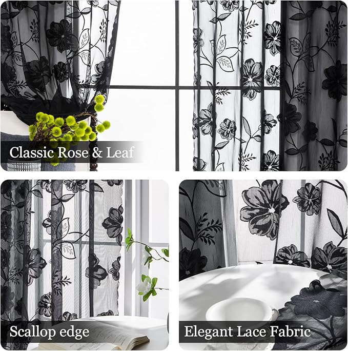 Treatmentex Black Lace Curtains 63inch Rose Floral and Leaf Sheer Decorative - Image 8