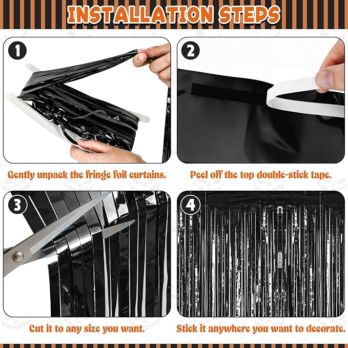 ZATAYE 8 Pack Black Halloween Foil Curtain Streamer Decorations | Black - Image 3