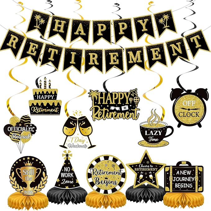 Retirement Party Decorations Black and Gold Happy Retirement Banner by Sealmic