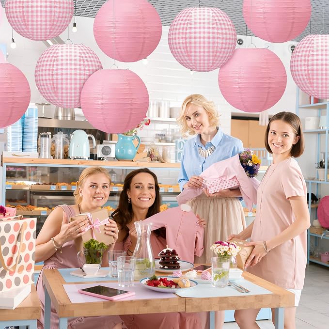 Honoson 12 Pcs Pink Gingham Paper Lanterns Decoration10 Inch White and Pink - Image 4