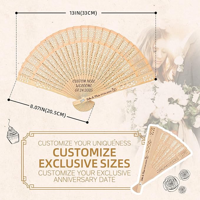 1pc Personalized Wedding Fans for Guests - Custom Wooden Hand Fans with Names/Dates - Bulk Wedding Favors for Bridal Shower, Baby Shower & Parties (Wood, 1pc)