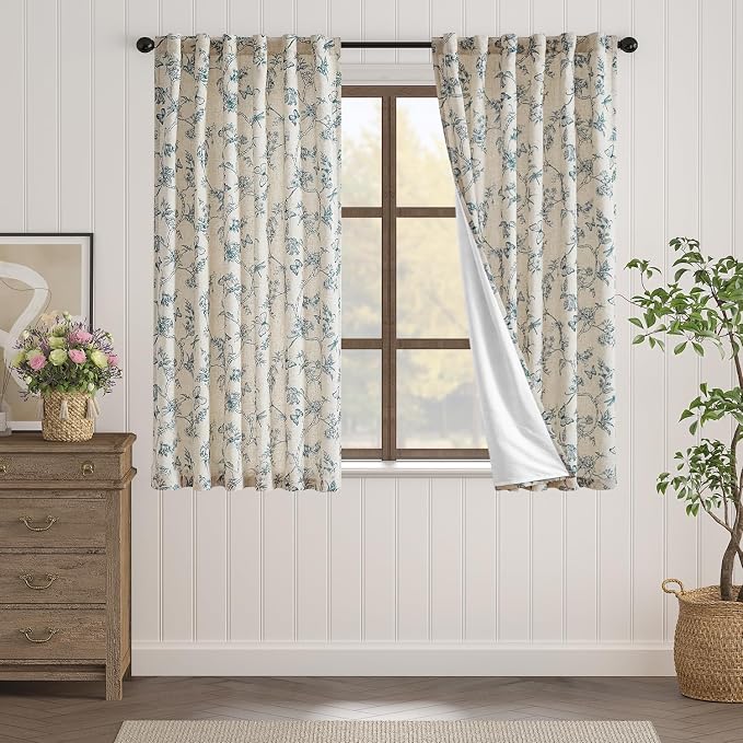 Blue Floral Linen Lined Curtains Rod Pocket 50W X 63L 2 Panels | Charlotte - Image 2