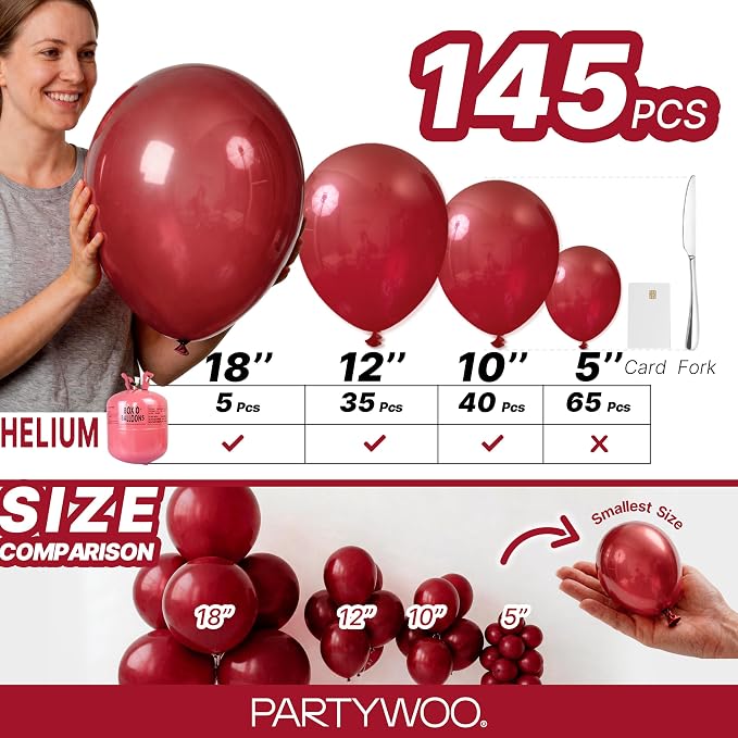 PartyWoo Burgundy Balloons 145pcs Dark Chestnut Red Maroon Color | 18 12 10 5 - Image 6