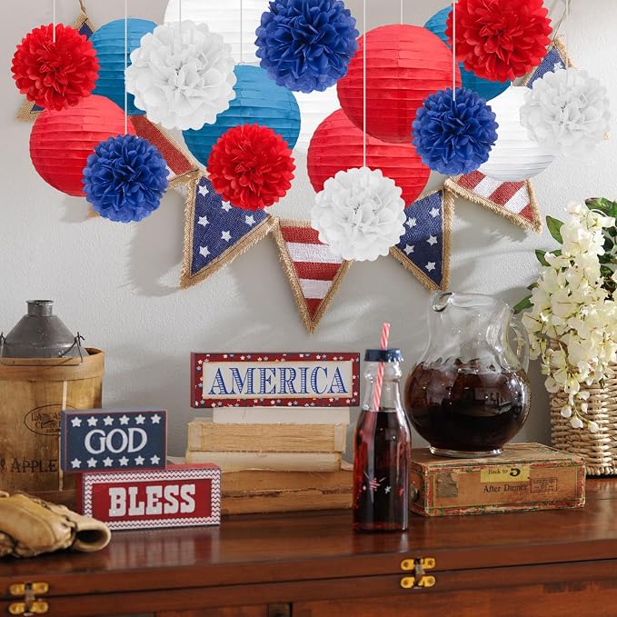 18 PCS Red White Blue Paper Lanterns & Tissue Paper Pom Poms - Image 6