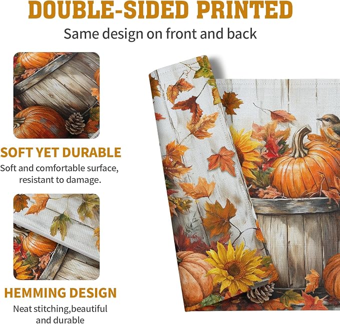 Fall Placemats 12x18 Inch Set of 4 Pumpkin Maple Leaves Sunflower Bird Linen - Image 5
