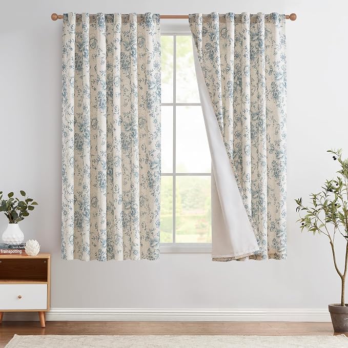 jinchan Blue Floral Linen Curtains Lined 63 Inch Vintage Back Tab 2 Panels | by JINCHAN