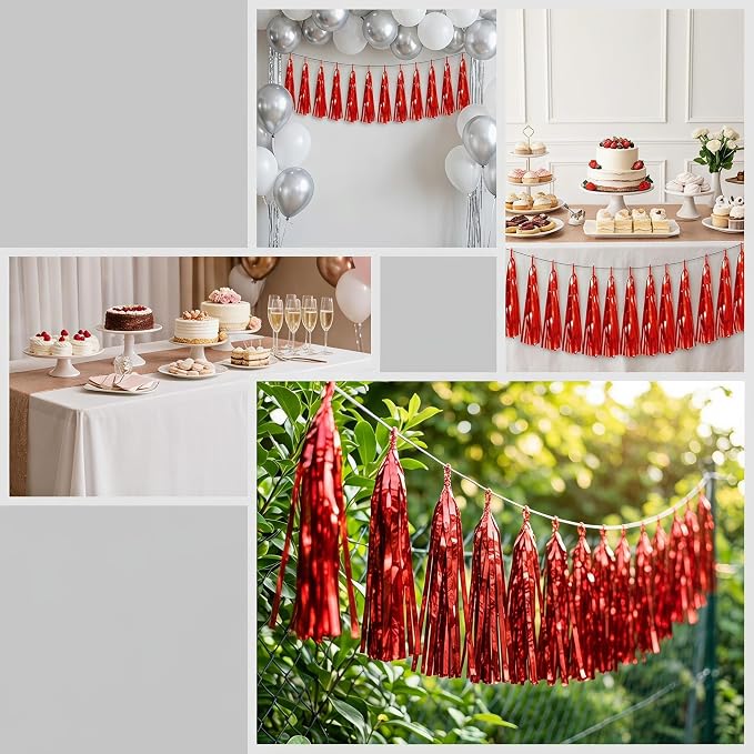 3P Red Foil Fringe Metallic Tassel Streamers Banner Tassel Garland - Image 4
