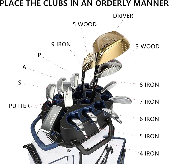 14 Way Full-Length Divider Top Men Golf Cart Bag, Fixed Slots Clubs Organized Premium Oxford Cloth Women 13 Pockets Black Blue Green Golf Bag with 3 Handles Cooler Rain Cover