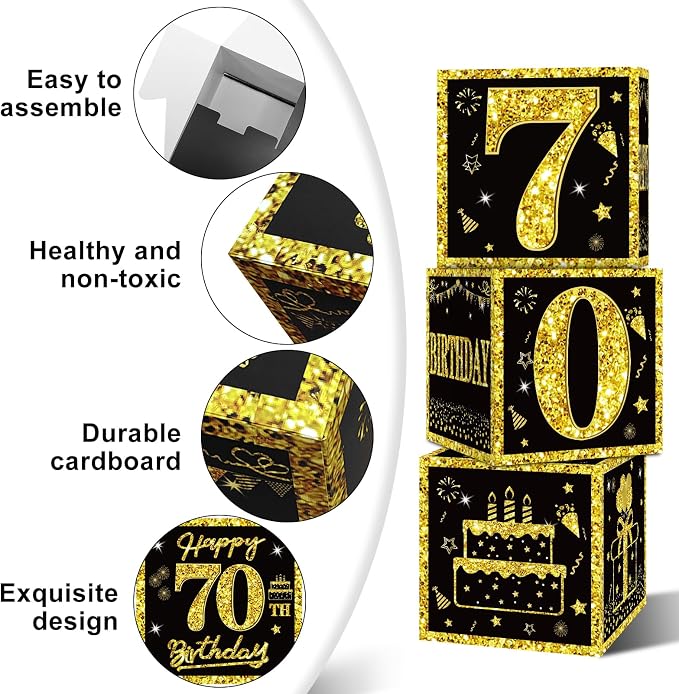 Eiurteao 3pcs Black Gold 70th Birthday Decorations Boxes - Image 5
