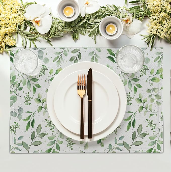 Sage Green Eucalyptus Leaves Placemats Set of 4 Spring Summer Watercolor Leaf - Image 3