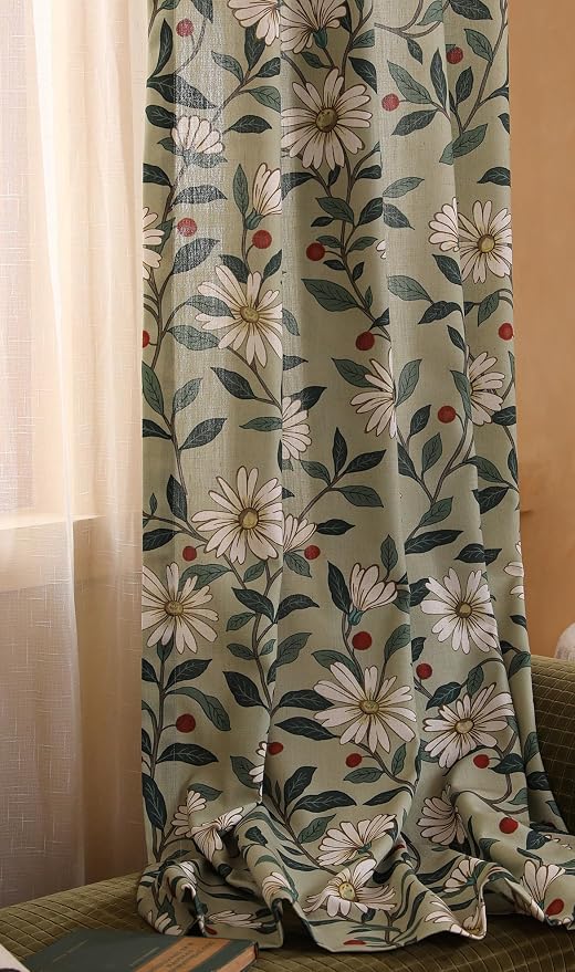 Designer French Green Linen Printed Curtain, 2 Panels, Floral Pattern Home - Image 9