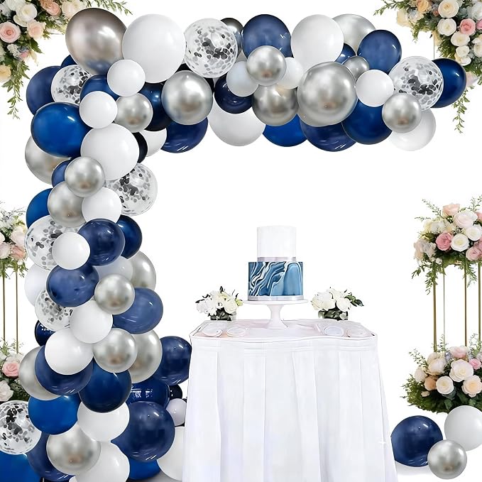 124pcs Blue Silver White Balloons Garland Arch Kit 5/10/12/18 Inch Royal Navy by OuMuaMua