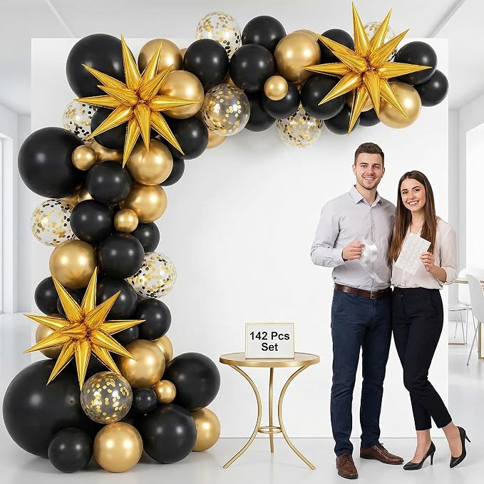 Black and Gold Balloon Garland Arch Kit 142pcs, Mixed Size Metallic Latex - Image 7