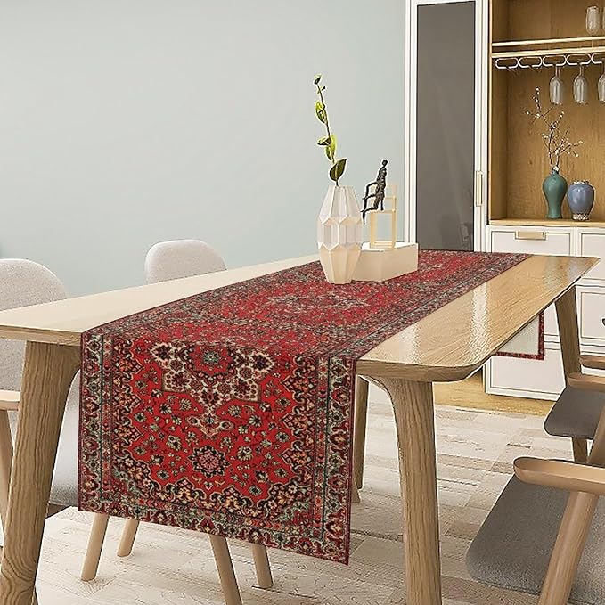 Vintage Boho Floral Table Runner, Rustic Country Farmhouse Red Black Retro Flower Pattern for Home Kitchen Table Decor Dining Coffee Room Party Decor 13x60in