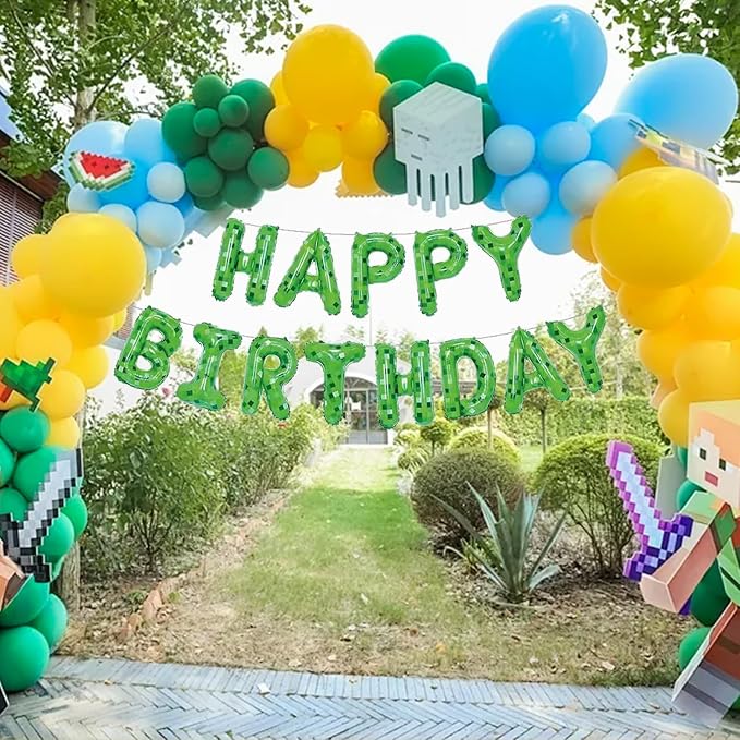 Green Pixel Miner Theme Happy Birthday Balloons Banner 16 Inch Letters - Image 6