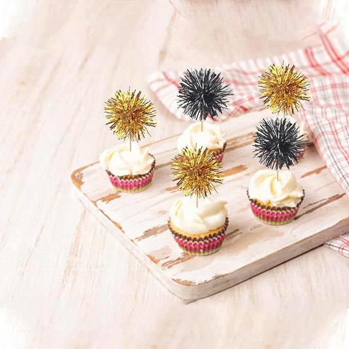 40 PCS Foil Firework Cupcake Toppers Sparkle Tinsel Cupcake Picks Fireworks - Image 4