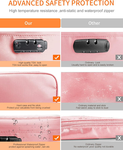 Noiposi Important Document Organizer, Waterproof and Fireproof Document Box with 7 Pockets File Folder,Portable Home Fire Safe Storage Box Case with Lock for Documents,File and Card,Pink