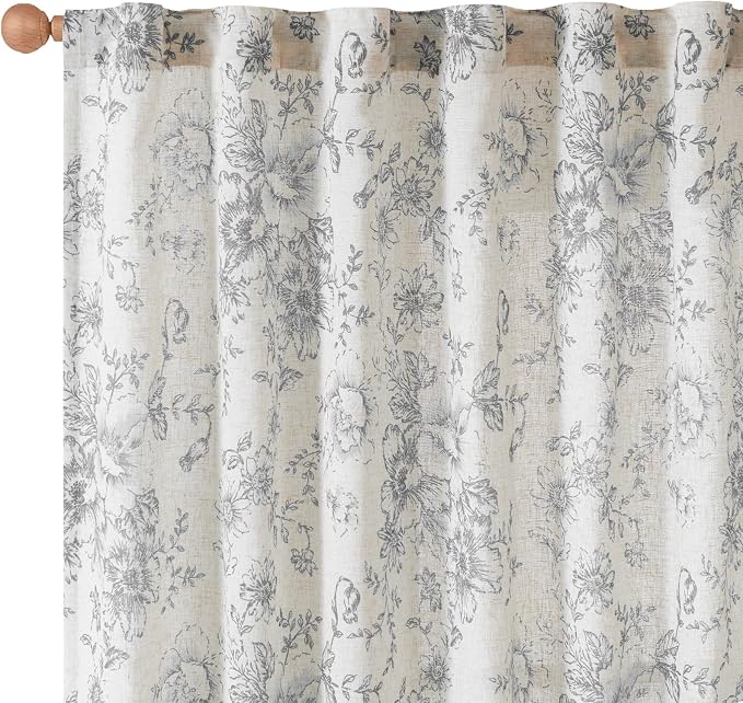 jinchan Grey Floral Linen Curtains 54 Inch Vintage Back Tab 2 Panels | Light - Image 9