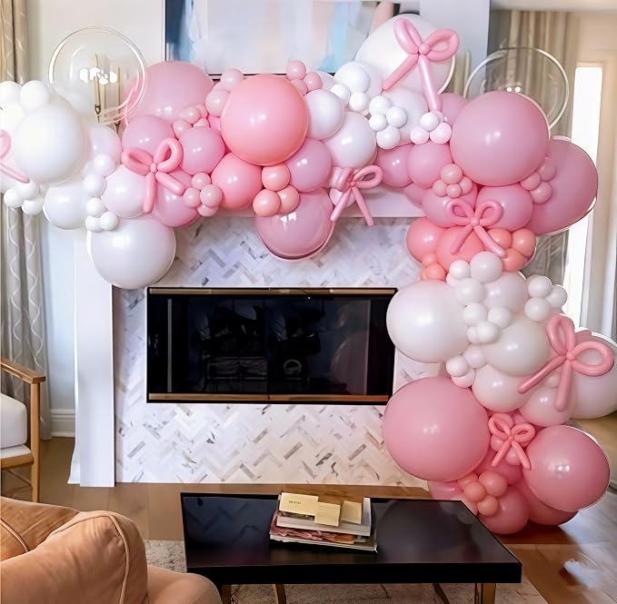 Pastel Pink and White Coquette Balloons Arch, Long Balloon as Bow Decor - Image 2