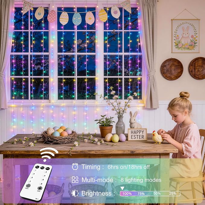 JMEXSUSS 300LED Curtain Lights for Easter Decor, Pastel | Remote Control - Image 5