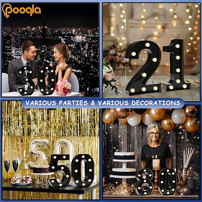 Pooqla Decorative Led Light Up Number Letters, Black Plastic Marquee Number Lights Sign for 30th Birthday Party Wedding Decor Battery Operated Black Decoration 30