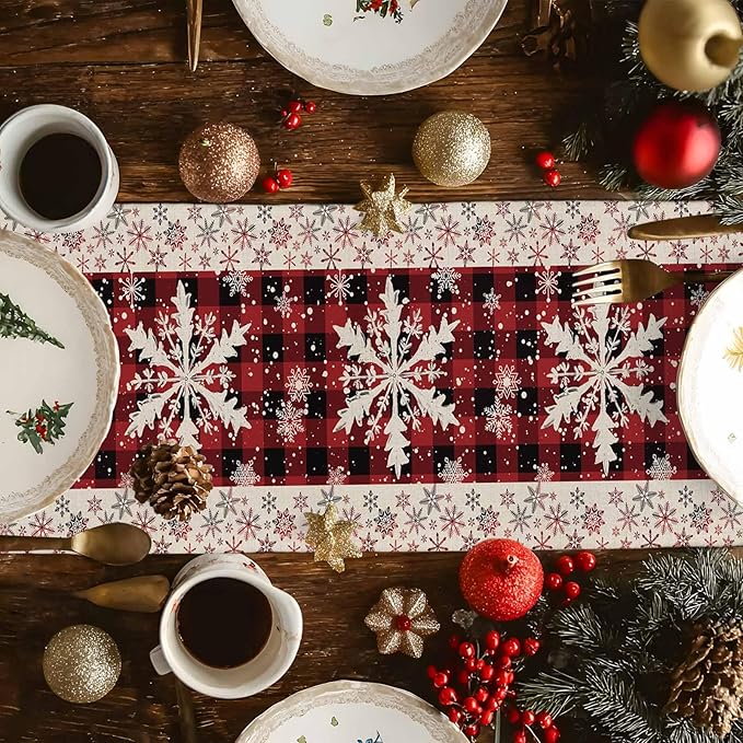 Buffalo Plaid Christmas Cotton Linen Table Runner for Dining Kitchen, Snowflake Red Black Check Wedding Outdoor Party Tablerunner Decoration,Retro Dresser Scarf Coffee Tablecloth Runners 13x108 Inches