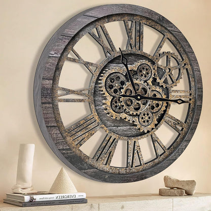 The B-Style Large Wall Clock 18 inch Moving Gear Wall Clock Oversized Vintage Farmhouse Wall Clocks for Living Room Decor Rustic Industrial Wood Clock (Carbon Gray)