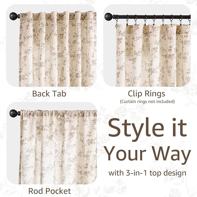 jinchan Taupe Floral Linen Curtains 63 Inch Flower Drapes Back Tab 2 Panels | - Image 5
