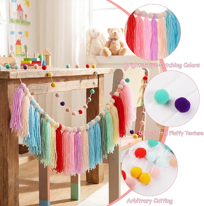 Avxdbr 2Pcs Boho Rainbow Tassel Garland Colorful Pom Pom Tassel Banner | 2-in-1 - Image 3