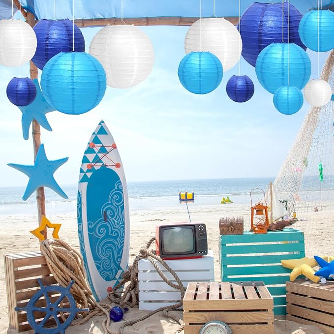 21Pcs Blue Paper Lanterns, 4-10in Hanging Decor, Wedding Birthday | Blue - Image 4