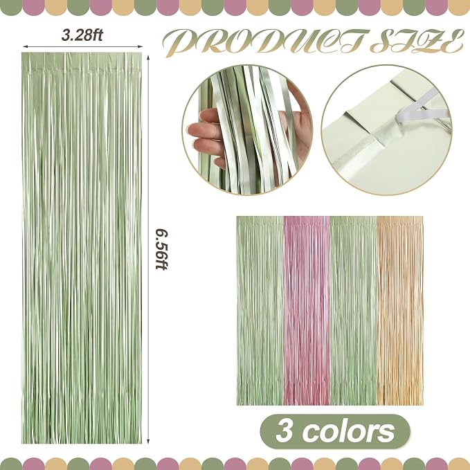 Frienda 4pcs Sage Green and Pink Party Decorations 6.6ft Fringe Curtains - Image 2