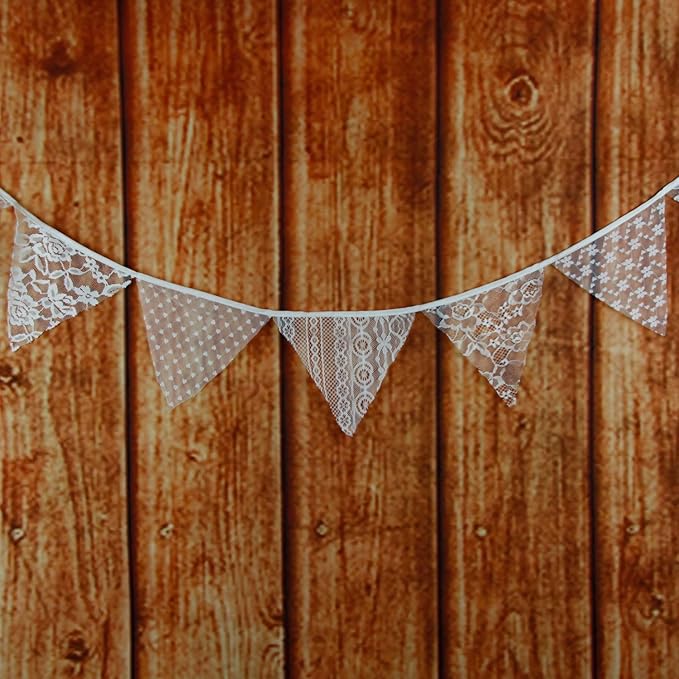 LOVENJOY White Floral Lace Pennant Banner, Fabric Triangle Lace Bunting Flag - Image 4