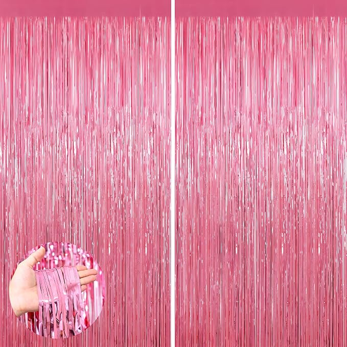Pink Metallic Tinsel Foil Fringe Curtains, 2 Pack 3.3x8.3 Feet Party Streamer by NUWDHP