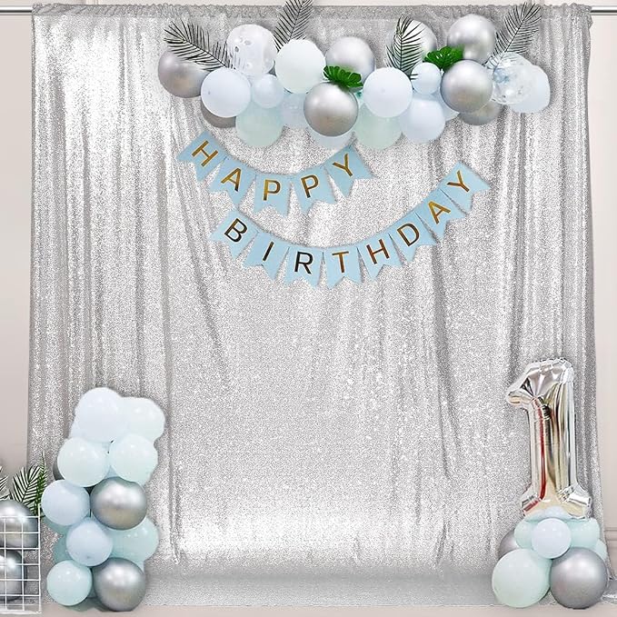 PartyDelight Silver Sequin Backdrop 6x6ft Sparkly Photo Curtain | 4 Inch Rod - Image 3