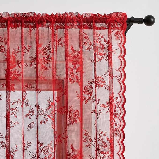 Red Lace Curtains 96 Inches Long 2 Panels Christmas Romantic Flower Sheer - Image 3