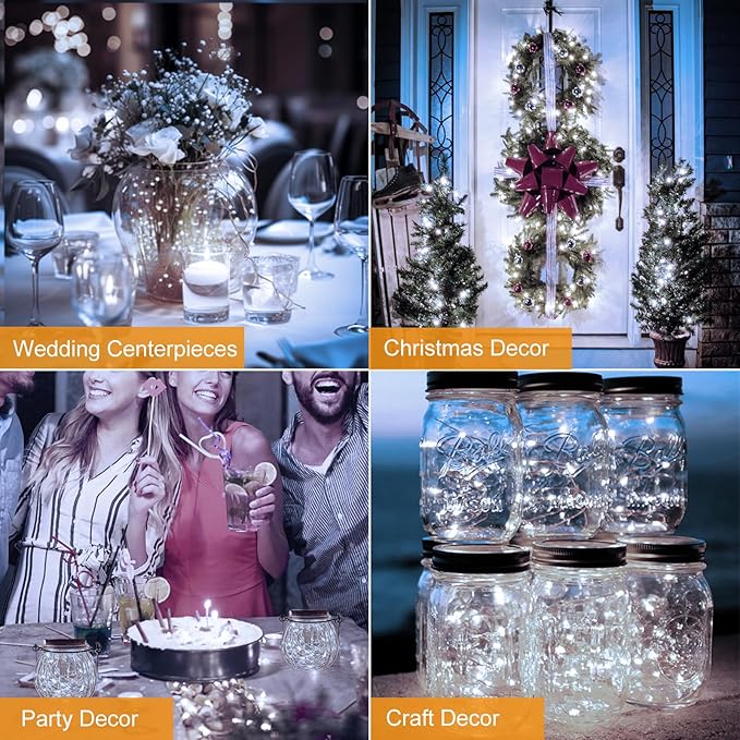 btfarm 50 Pack LED Fairy Lights Battery Operated [3 Modes] Twinkle Lights, 7FT 20 LED Mini String Lights Mason Jars Silver Wire Small Christmas Wedding Party, Cold White