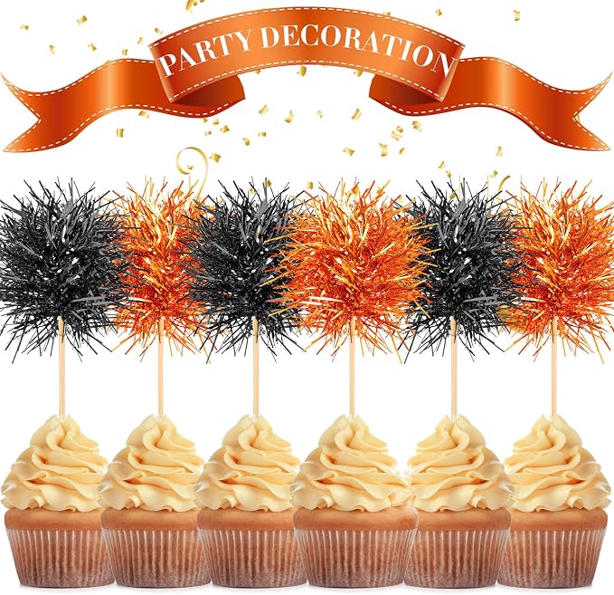 Chinco 100 Pcs Halloween Foil Firework Cupcake Toppers | Sparkle Tinsel Cake - Image 4