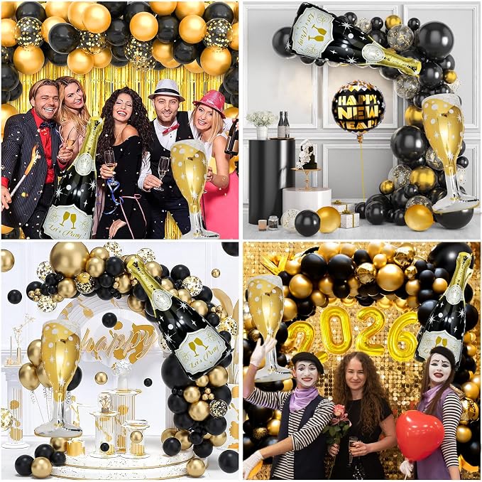 4 Pcs Champagne Balloons, Huge Black Gold Champagne Bottle Goblet Aluminum Foil - Image 5
