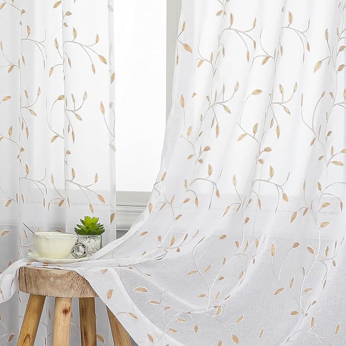 White Sheer Voile Curtains, Decorative Orange Leaves Embroidery Faux Linen Rod by VISIONTEX