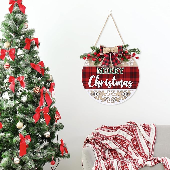 CHDITB 3D Merry Christmas Front Door Sign Wreath(11.4”), Red Black Bufflao Plaid Christmas Decoration Wall Hanging with Snowflakes Berries Mistletoe, Rustic Farmhouse Xmas Decor for Home Winter Party