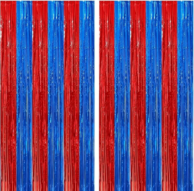 2Pack Red Blue Metallic Tinsel Foil Fringe Curtains, Tinsel Curtain Backdrop by GCBPartyDecorations