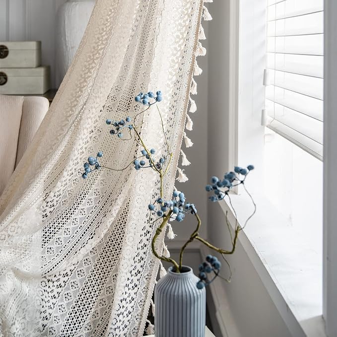 Sutuo Home Beige Boho Lace Sheer Curtains 84 inches Long, Crochet Macrame - Image 5
