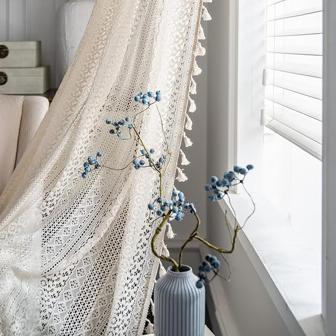 Sutuo Home Boho Curtains Crochet Lace Semi-Sheer Bohemian Hollow Knitted - Image 5
